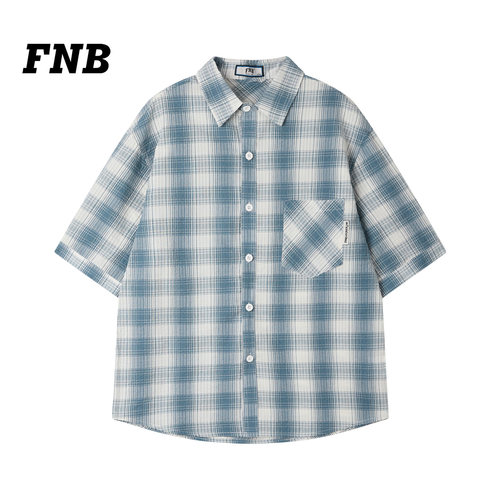 FNB夏季美式复古格子短袖衬衫夏