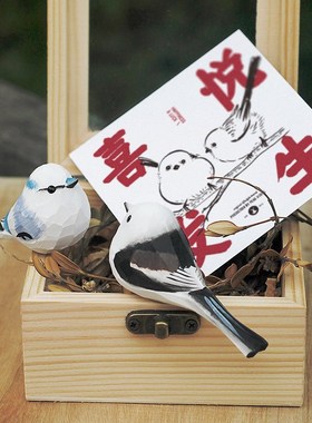鹿妖商店 mini肥啾 木雕小鸟 礼物 灰蓝山雀 纯手工实木桌面摆件