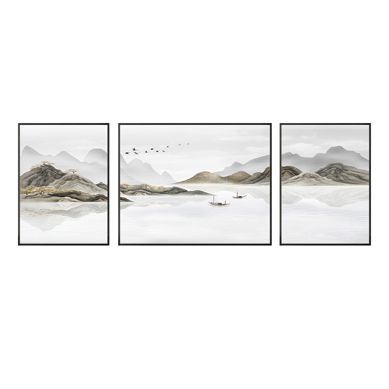 新中式客厅装饰画水墨禅意v山水风景画沙发背景墙挂画家庭三联壁图片
