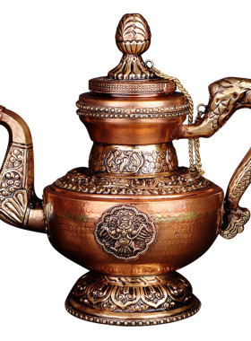 新品印度进口纯铜仿古雕花v八吉祥茶壶铜水壶大鹏鸟酒壶酒店家居