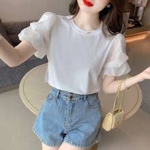 速发白色短袖t恤女夏2025年新款设计感小众法式泡泡袖上衣宽松体