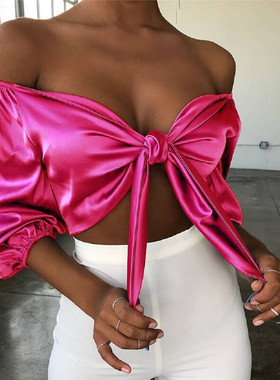 极速Women Off Shoulder Satin Silk BlouseKs Bandage Bowknot S
