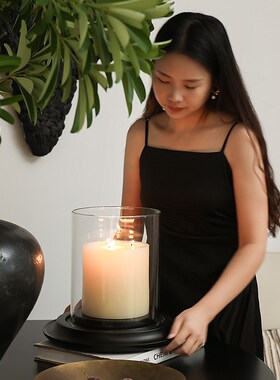 形上大型侘寂烛台实木玻璃罩多芯蜡烛法式餐厅婚礼浪漫氛围感摆件