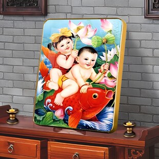 年画娃娃送子图助孕宝宝画麒麟送子床头柜摆件男女龙凤胎结婚装饰