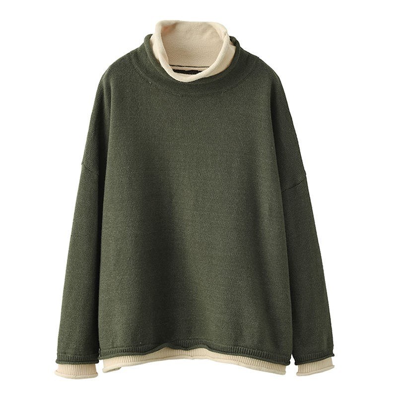 秋冬新款复古时尚撞色假两件套头上衣女宽松针织衫毛衣内搭打底衫