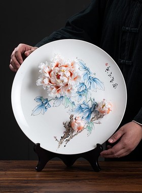 手绘手工牡丹花陶瓷挂盘家居饰品牡丹瓷摆件博古架乔迁新居装饰品