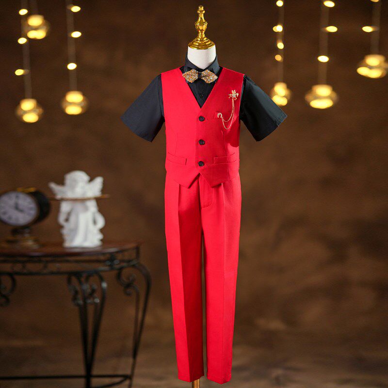 男童礼服高端夏季短袖红色朗诵合唱演讲表演儿童主持人钢琴演出服