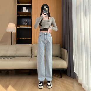 白色牛仔裤女小个子无弹力软面料直筒窄板阔腿宽松显瘦垂坠感春秋