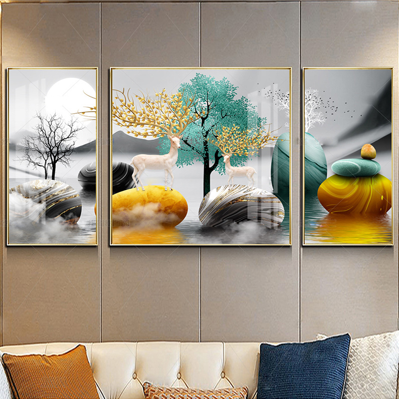 客厅发财树装饰画三联挂画沙发背景墙墙上装饰创意挂画墙画组合画图片
