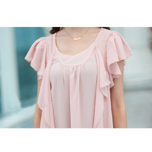 宽松荷叶边雪纺连衣裙 女装 遮小肚孕妇装 加大码 胖mm显瘦 夏装 短袖