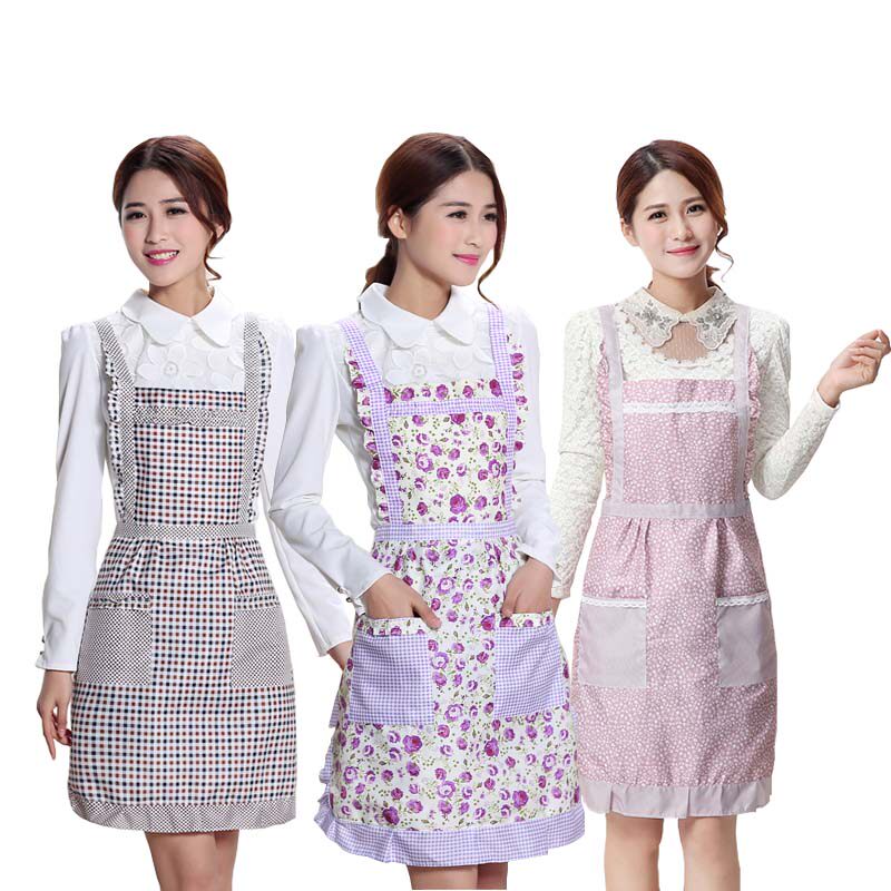 欧式背带式双层加厚防水碎花格子公主粉无袖花边厨房半身裙女围裙