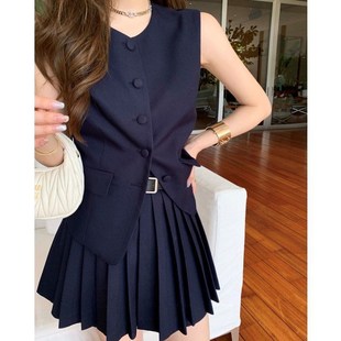 夏季2024新款时尚套装高级感名媛无袖西装马甲显瘦百褶短裙两件套