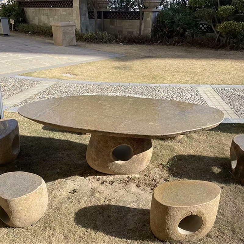 天然整块鹅卵石桌石凳户外别墅复古石材桌椅庭院花园休闲原石头桌