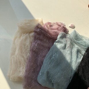 女T恤小衫 法式 女内搭洋气半高领网纱性感雪纺衫 蕾丝打底衫 春夏季