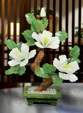玉石雕刻牡丹花摆件中式客厅酒柜装饰品办公室家居创意牡丹花盆景