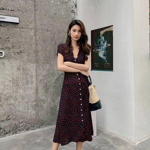 尺下 rouje连衣裙咖色碎花法式复古显瘦收腰小个子过膝中长款裙子