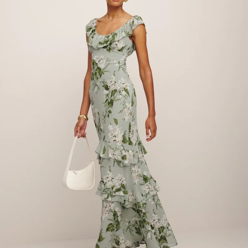 Reformatio* 夏季法式复古荷叶边雪纺长裙气质碎花鱼尾连衣裙沙滩