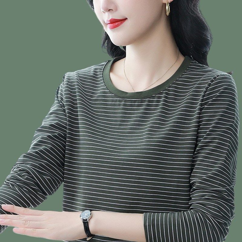胖mm大码宽松条纹显瘦长袖t恤女中年妈妈秋装内搭纯棉打底衫上衣,女装/女士精品,T恤,淘宝优惠券,粉丝福利购,淘宝优惠卷