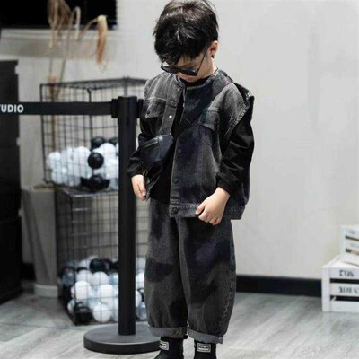 男童秋装套装2024新款儿童无袖马甲洋气宝宝男孩牛仔裤春秋两件套