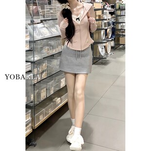 灰色休闲短裙女高腰夏季大码胖mm遮肚子显瘦梨形身材a字半身裙子