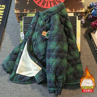 男童加绒衬衫外套2024新款秋冬装加厚法兰绒上衣男孩儿童格子童装