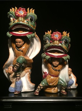 石湾公仔陶瓷摆件创意工艺品客厅玄关摆设开业礼品黄飞鸿舞狮醒狮