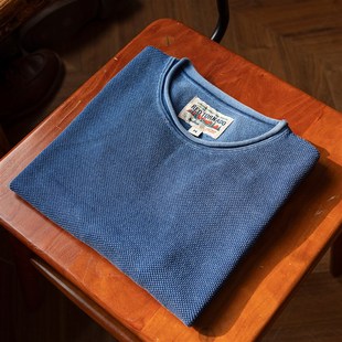 红风 复古短袖蓝染T恤剑道刺子衫宽松纯棉圆领套头针织衫男夏季