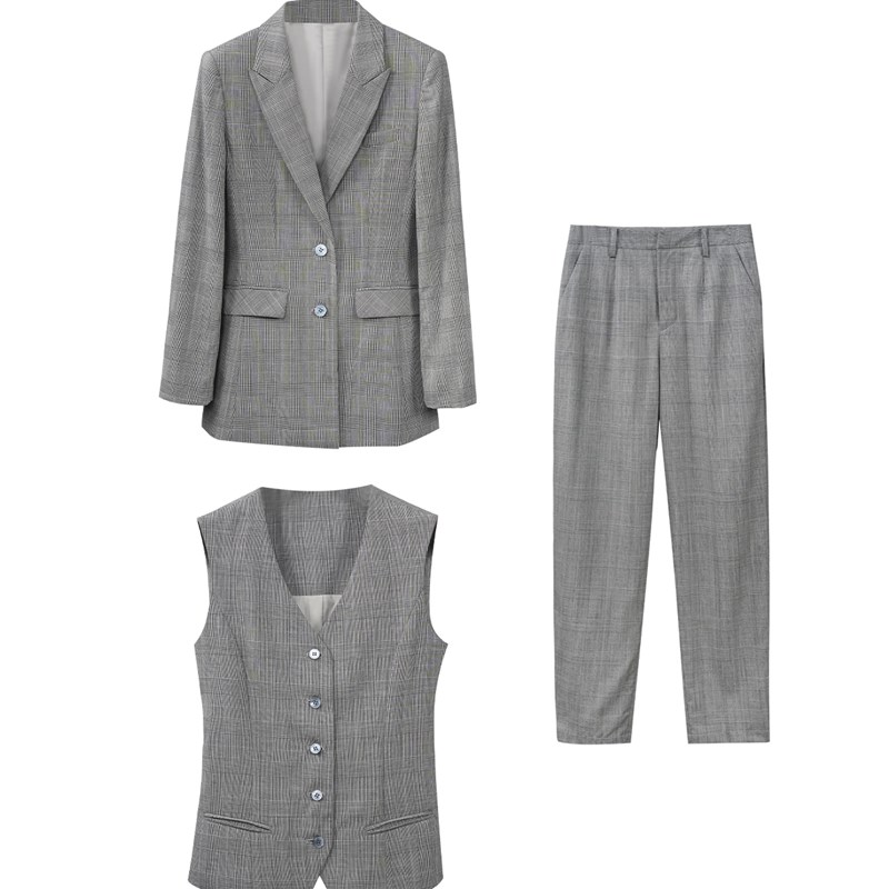 芝美日禾 全羊毛格纹西装三件套女修身复古高级感职业休闲套装