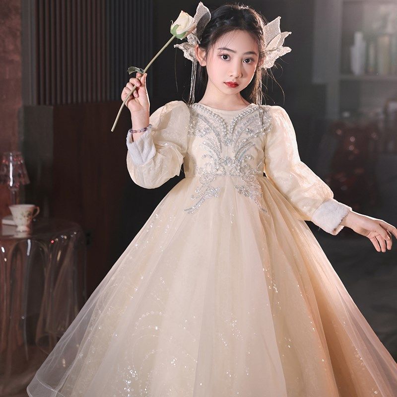 女童晚礼服轻奢小众高端儿童公主裙婚纱钢琴演出连衣裙加绒加厚冬