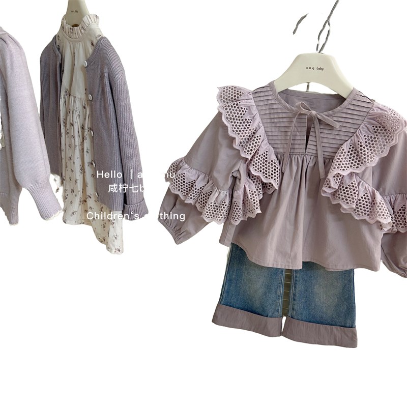 咸柠七童装女童时髦蕾丝衬衫秋装儿童设计感女宝娃娃衫上衣牛仔裤