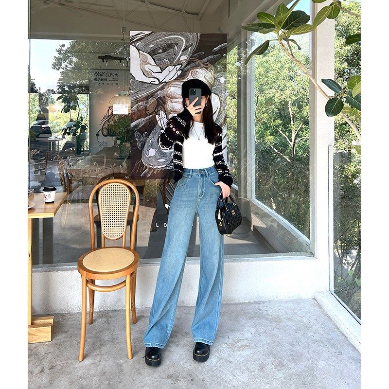 保暖不臃肿~高妹加厚绒阔腿牛仔裤女冬季浅蓝色加绒垂感宽松长裤