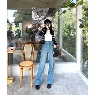 保暖不臃肿~高妹加厚绒阔腿牛仔裤女冬季浅蓝色加绒垂感宽松长裤