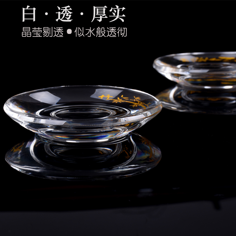 日式加厚水晶杯垫描金雕刻梅兰竹菊六字明咒玻璃茶杯托隔热垫茶垫