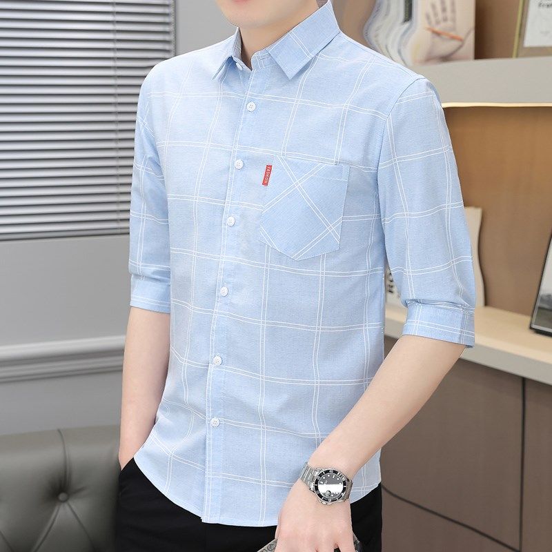 夏季薄款七分中袖衬衫男士2024新款格纹短袖寸衫修身翻领口袋衬衣
