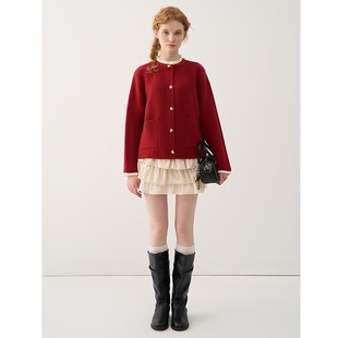 JIUJIU木耳边拼接假两件针织开衫女2025春季新款气质红色毛衣外套