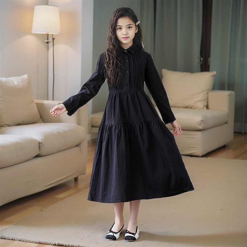 长袖衬衫连衣裙女童秋装新款文艺超好看洋气棉布黑色女孩气质裙子