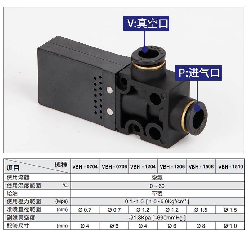 小巧一体构造内置空气消声VBH10-66P气动吸盘迷你真空发生器VBH12