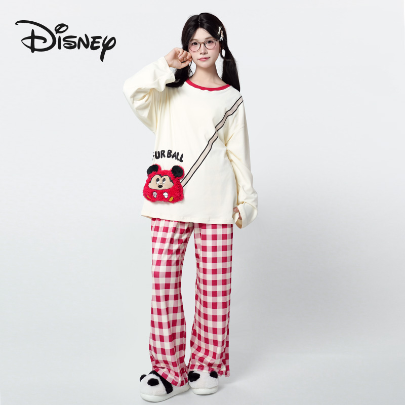 迪士尼口袋格子印花女生睡衣套装
