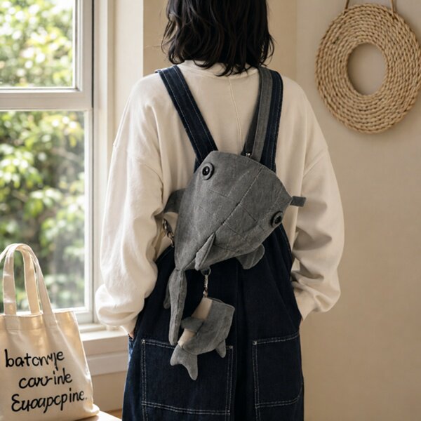 小众小鲨鱼鲸鱼帆布斜挎包