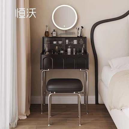恒沃 梳妆台小型黑色实木化妆桌2024新款法式复古卧室迷你化妆台