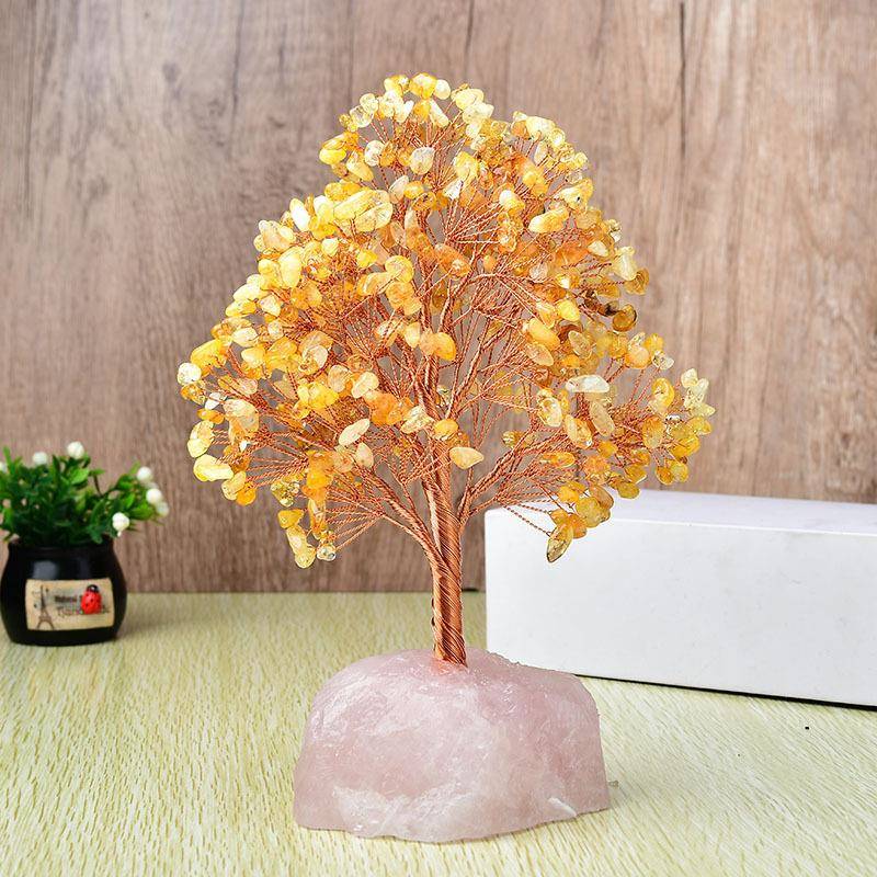 厂家供货水晶发财树 天然粉晶底座碎石铜线发财树生命树装饰摆件