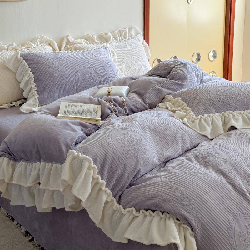 韩式花边雕花绒花边蝴蝶结紫珊瑚绒四件套1.5m1.8秋冬保暖法兰绒