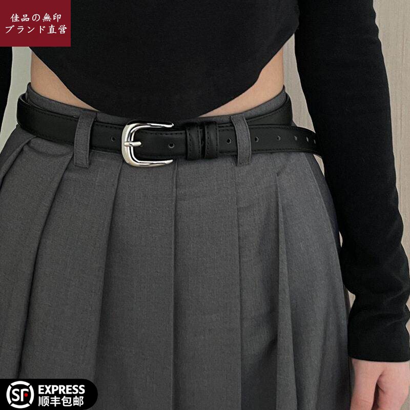 日本进口新款细腰带女黑色真皮皮带简约百搭时尚银扣针扣牛皮裤带