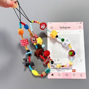 多巴胺网红腊肠狗KT猫手机链短款高级感链条手机壳挂链壳手提挂绳腕带CCD相机挂饰少女心高级防丢包包抱挂件