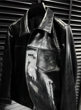 22591春季男士洋气潮流修身型黑色修身翻领皮衣时尚百搭个性轻奢