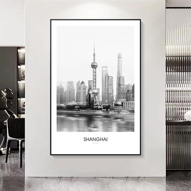装饰画城市建筑上海黑白艺术风景摄影创意现代简约客厅定制壁挂画图片