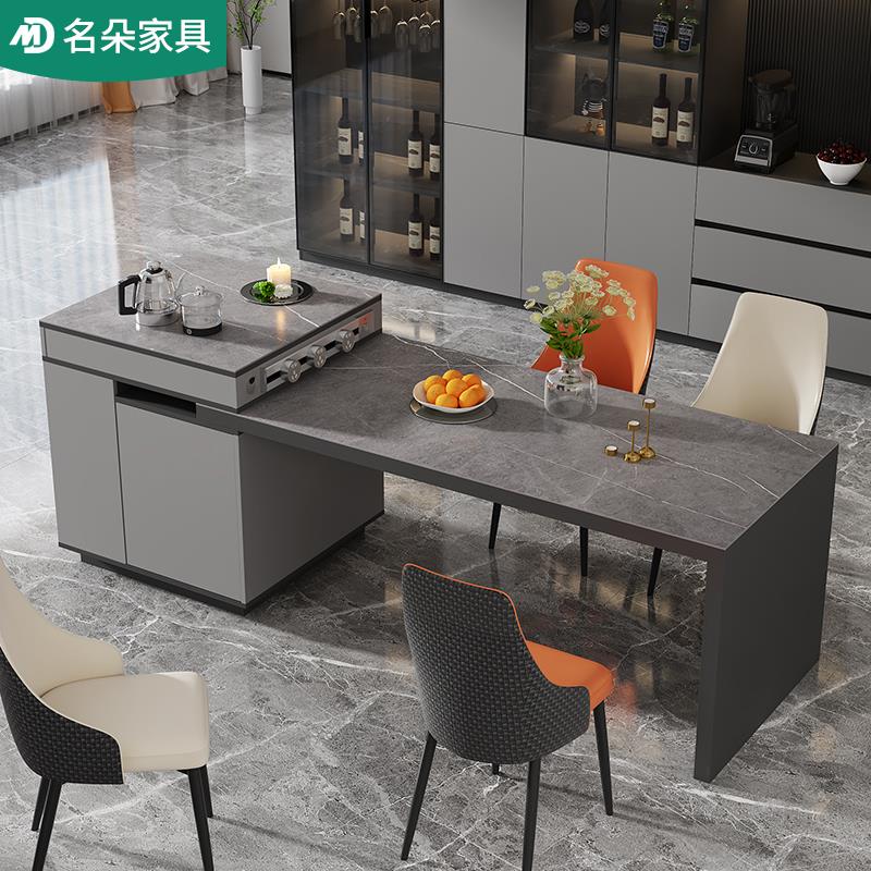 轻奢岩板中岛台餐桌一体厨房伸缩现代简约家用多功能茶桌吧台5E15