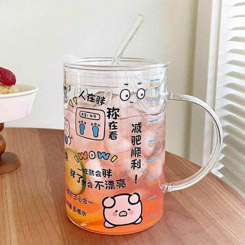 减肥专用水杯大容量2000玻璃杯耐高温女学生吸管杯带盖子子把手刻