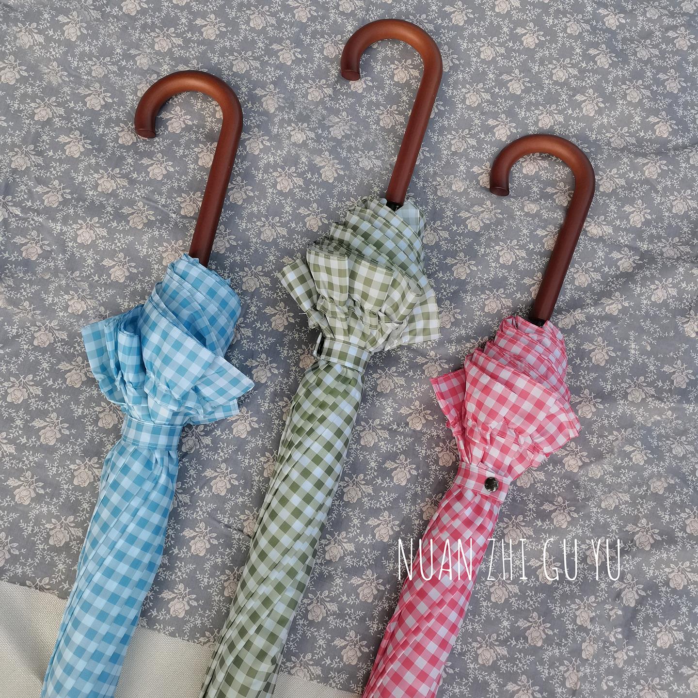 格子花边长柄雨伞女加大结实超抗风小众小清新木柄直柄双人小洋伞