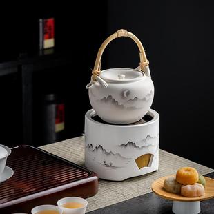 手绘水墨电陶炉煮茶器家用煮茶壶煮茶炉陶烧水壶围炉煮茶泥炉 中式